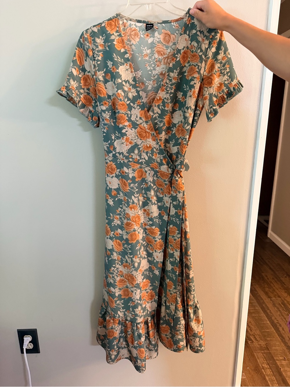 SHEIN Teal Floral Wrap Midi Dress with Orange Roses